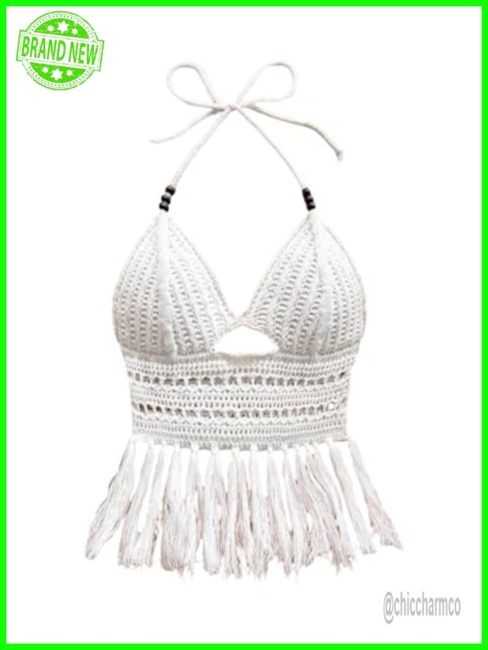 Verdusa Women's Beaded Cut Out Boho Fringe Tassel Crochet Halter Top